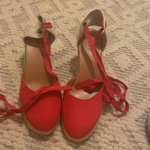 J. Crew red espadrile wedges ankle wrap shoes size 10.